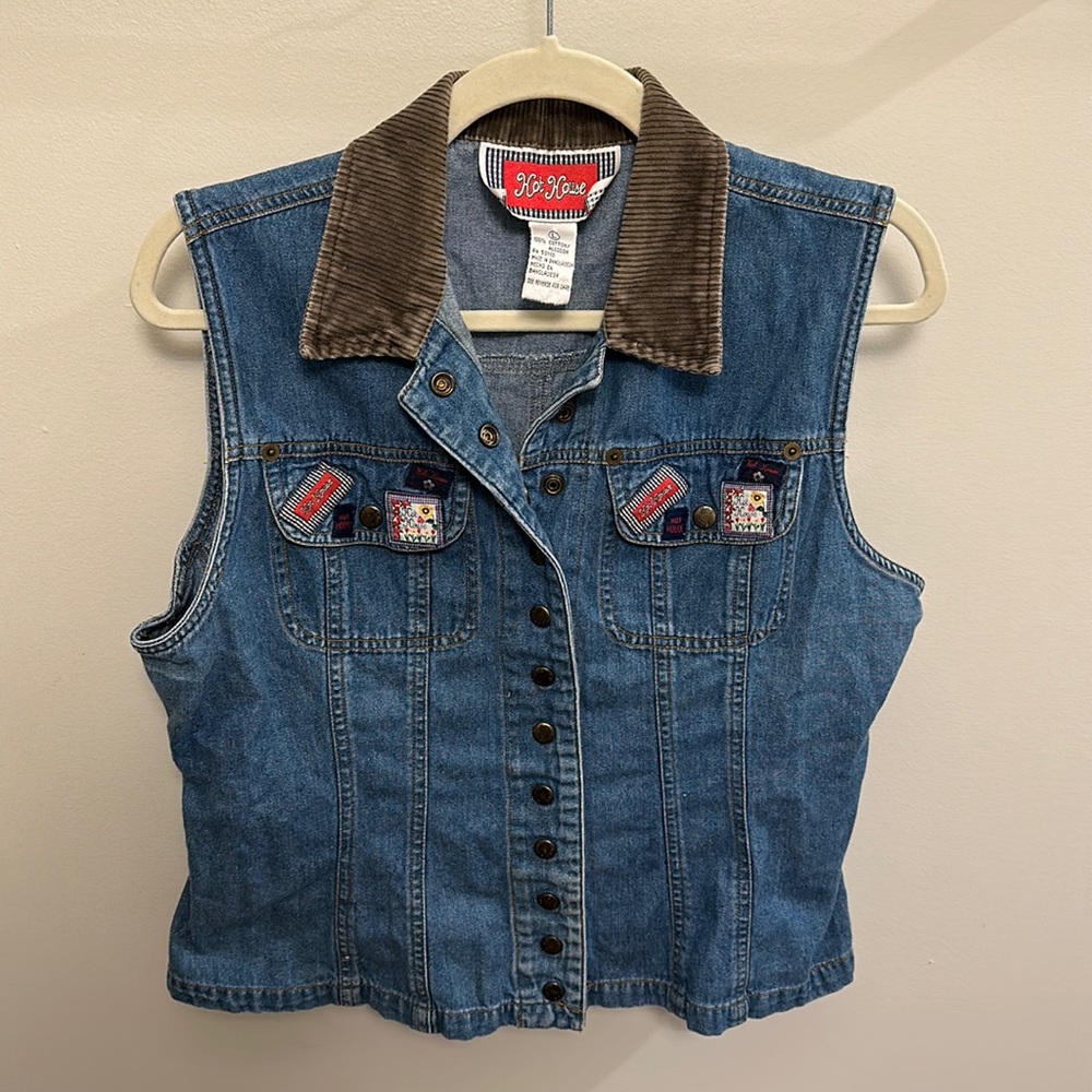 🧥 Vintage Hot House Denim Vest with Corduroy Collar and Branded Patches